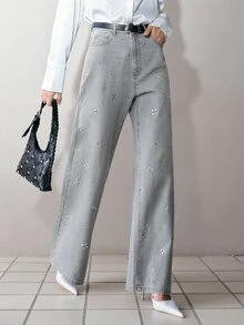 MOTF PREMIUM WOMEN'S RHINESTONE EMBELLISHED SLANTED POCKET DENIM JEANS EVERYDAY DATE NIGHT LIGHT BLUE CUTE CASUAL - Blue - View 6