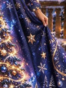 EMERY ROSE Plus Size Women's Christmas Pattern Long Sleeve Dress, Suitable For Christmas Holiday Wear, Outings And Travel, Gift For Loved Ones - Multicolor - View 3