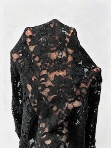 Cévolie 女款夏季新款中式風浪漫優雅黑色花卉蕾絲上衣，性感辣妹透視上衣，法式休閒復古青蛙鈕扣上衣 - 黑色 - 查看 11