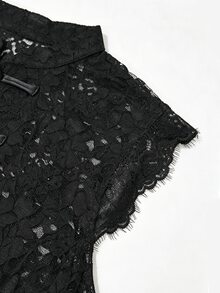 Cévolie 女款夏季新款中式風浪漫優雅黑色花卉蕾絲上衣，性感辣妹透視上衣，法式休閒復古青蛙鈕扣上衣 - 黑色 - 查看 9