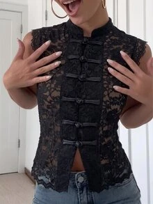 Cévolie 女款夏季新款中式風浪漫優雅黑色花卉蕾絲上衣，性感辣妹透視上衣，法式休閒復古青蛙鈕扣上衣 - 黑色 - 查看 5