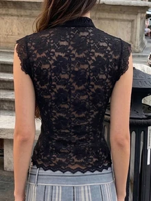 Cévolie 女款夏季新款中式風浪漫優雅黑色花卉蕾絲上衣，性感辣妹透視上衣，法式休閒復古青蛙鈕扣上衣 - 黑色 - 查看 3