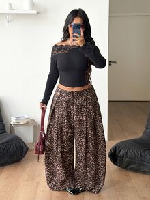 Coolane Women's Plus Size Fall Winter Formal Sexy Office Streetwear Daily Wear Gym Casual Hippie Leopard Print Brown Elastic Waistband Mid Rise Banana Pants - Coffee Brown - View 4