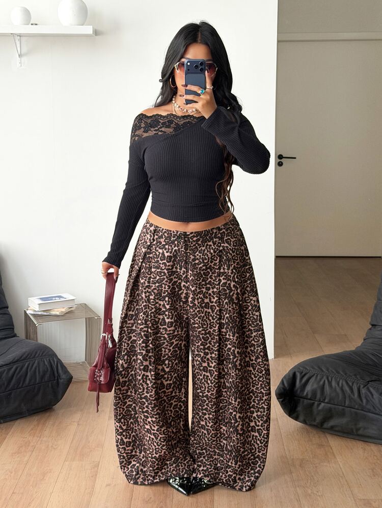 Coolane Plus size långbyxor för kvinnor med leopardmönster, avslappnade för dagligt bruk - Kaffebrun - Visa 4