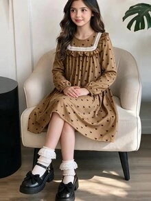 SHEIN 聖誕派對洋裝 青少年女孩棕色溫柔風 極簡可愛花卉印花套裝 - 彩色 - 查看 3