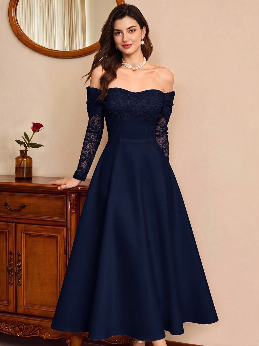 Vintamour Women's Off-Shoulder Lace Patchwork Casual Elegant Party Dinner Cocktail Long Dress New Year Christmas Fall - Navy Blue - View 1