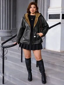SHEIN Clasi 大尺碼女款保暖內裡時尚百搭日常休閒夾克外套 冬季 - 黑色 - 查看 6
