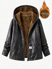 SHEIN Clasi 大尺碼女款保暖內裡時尚百搭日常休閒夾克外套 冬季 - 黑色 - 查看 9