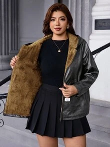SHEIN Clasi 大尺碼女款保暖內裡時尚百搭日常休閒夾克外套 冬季 - 黑色 - 查看 7