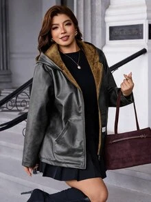 SHEIN Clasi 大尺碼女款保暖內裡時尚百搭日常休閒夾克外套 冬季 - 黑色 - 查看 3