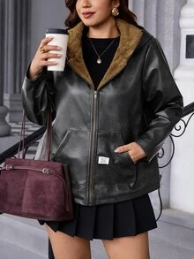 SHEIN Clasi 大尺碼女款保暖內裡時尚百搭日常休閒夾克外套 冬季 - 黑色 - 查看 5