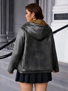 SHEIN Clasi 大尺碼女款保暖內裡時尚百搭日常休閒夾克外套 冬季 - 黑色 - 查看 2