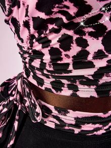Amplova Leopard Print Rhinestone Flare Pants Tight Bodycon Women's Tube Top Y2K Sexy 2 Pieces Set Night Out Club Black Pink Summer - Black - View 10