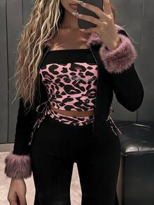 Amplova Leopard Print Rhinestone Flare Pants Tight Bodycon Women's Tube Top Y2K Sexy 2 Pieces Set Night Out Club Black Pink Summer - Black - View 2
