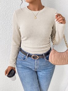 SHEIN Frenchy Plus Size Women's Solid Color Round Neck Long Sleeve Ruched Casual T-Shirt Fall/Winter Casual Daily Going Out T-Shirt For Women Casual Office Teacher - Multicolor - View 8
