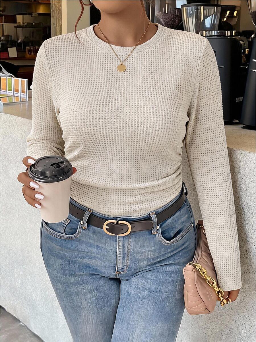 SHEIN Frenchy Plus Size Women's Solid Color Round Neck Long Sleeve Ruched Casual T-Shirt Fall/Winter Casual Daily Going Out T-Shirt For Women Casual Office Teacher - Multicolor - View 1