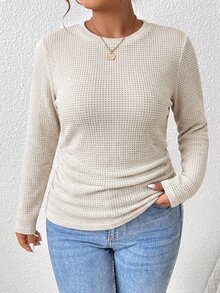 SHEIN Frenchy Plus Size Women's Solid Color Round Neck Long Sleeve Ruched Casual T-Shirt Fall/Winter Casual Daily Going Out T-Shirt For Women Casual Office Teacher - Multicolor - View 9
