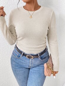 SHEIN Frenchy Plus Size Women's Solid Color Round Neck Long Sleeve Ruched Casual T-Shirt Fall/Winter Casual Daily Going Out T-Shirt For Women Casual Office Teacher - Multicolor - View 4