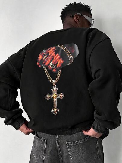Fashion Casual Street Print Cross Necklace Pullover Long Sleeve T-Shirt