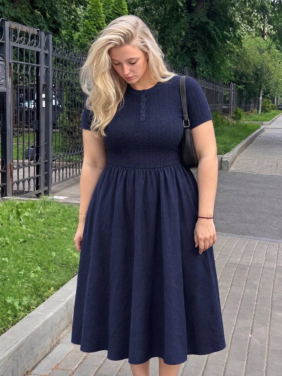 SHEIN MOD Plus Size Women's Navy Blue Cable Knit Textured Button Decor Round Neck Dress, Autumn, Winter - Navy Blue - View 1
