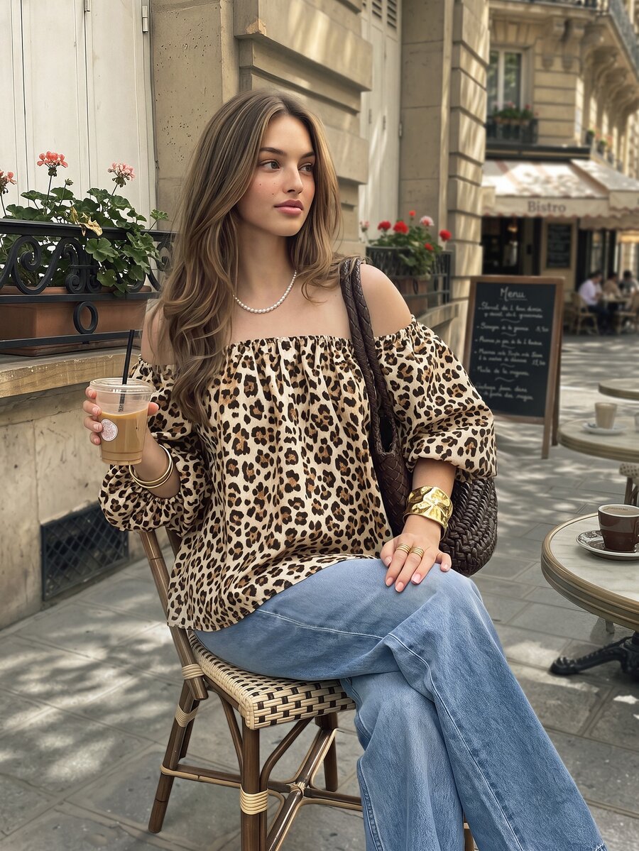 Cévolie Plus Size Women's Off-Shoulder Leopard Print Fashion Versatile Daily Casual Top