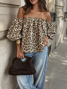 Cévolie Plus Size Women's Off-Shoulder Leopard Print Fashion Versatile Daily Casual Top - Multicolor - View 3