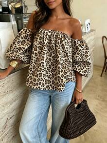 Cévolie Plus Size Women's Off-Shoulder Leopard Print Fashion Versatile Daily Casual Top - Multicolor - View 9