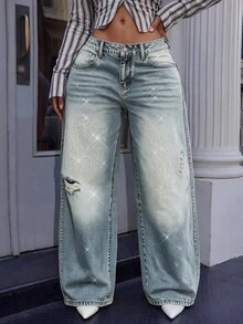 BriallanyX BriallanyX Women's Casual Daily Denim Jeans With Pocket, Button, Distressed Design And Rhinestone - Blue - View 6