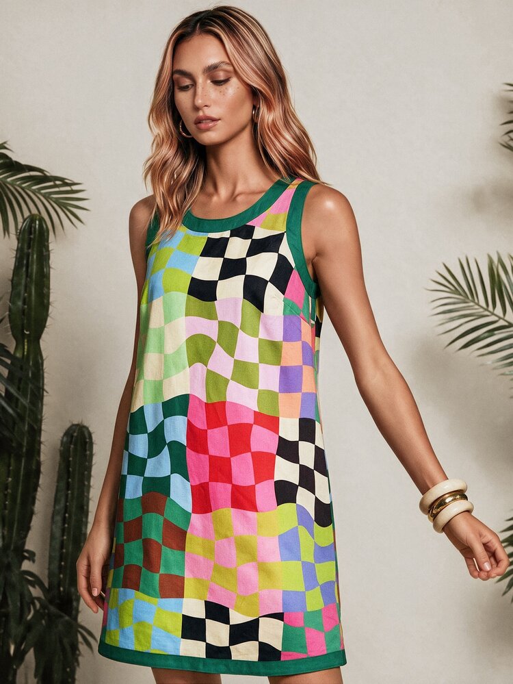 Vaclyn Women's Casual European Breezy Green And Blue Checkerboard Print Sleeveless Mini Dress For Vacation Beach Vacation Summer - Multicolor - View 5