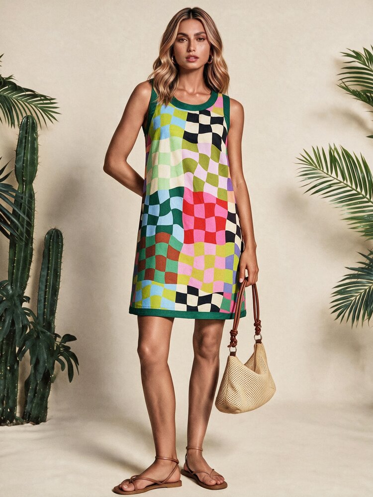 Vaclyn Women's Casual European Breezy Green And Blue Checkerboard Print Sleeveless Mini Dress For Vacation Beach Vacation Summer - Multicolor - View 6