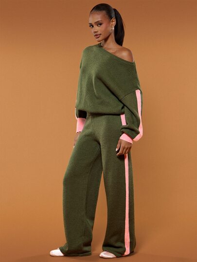 Hauture Women's Colorblock Striped Knit 2 Pieces Set, Loose Asymmetrical Shoulder Lantern Sleeve Sweater And High-Waist Wide-Leg Pants Casual Outfit