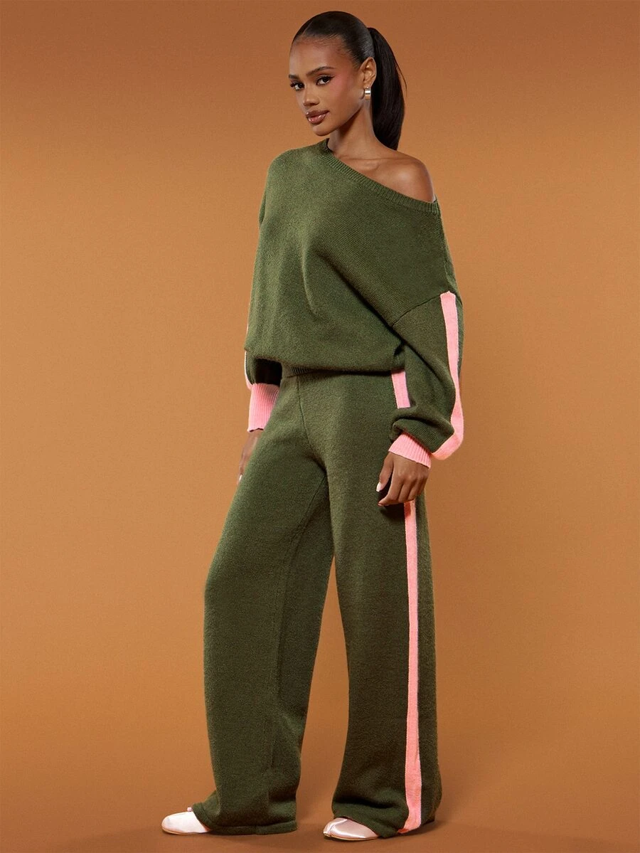 Hauture Women's Colorblock Striped Knit 2 Pieces Set, Loose Asymmetrical Shoulder Lantern Sleeve Sweater And High-Waist Wide-Leg Pants Casual Outfit - Army Green - View 1