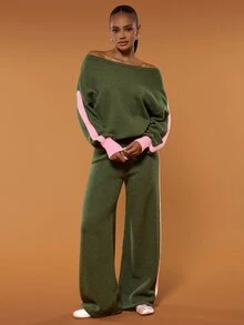 Hauture Women's Colorblock Striped Knit 2 Pieces Set, Loose Asymmetrical Shoulder Lantern Sleeve Sweater And High-Waist Wide-Leg Pants Casual Outfit - Army Green - View 6