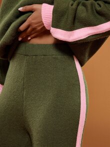 Hauture Women's Colorblock Striped Knit 2 Pieces Set, Loose Asymmetrical Shoulder Lantern Sleeve Sweater And High-Waist Wide-Leg Pants Casual Outfit - Army Green - View 2