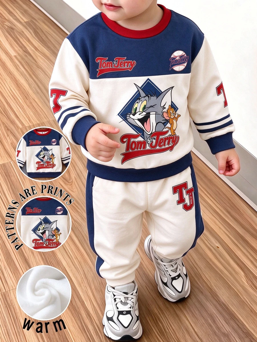 TOM & JERRY X SHEIN Young Boy Cartoon Print Long Sleeve Sweatshirt And Jogger Pants Set, Autumn/Winter/Spring - Multicolor - View 1
