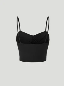 Sweetra 女用蕾絲拼接包裹式交叉領吊帶背心上衣 - 黑色 - 查看 3