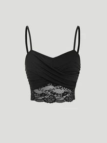 Sweetra 女用蕾絲拼接包裹式交叉領吊帶背心上衣 - 黑色 - 查看 1