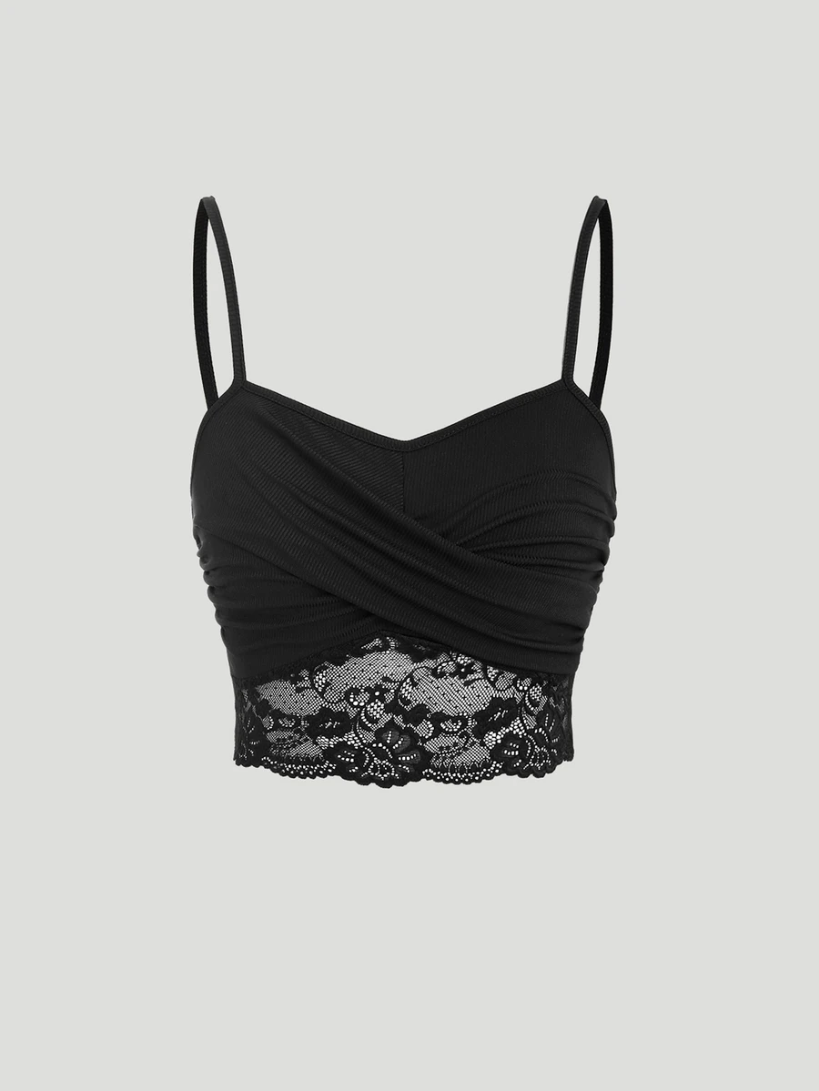 Sweetra 女用蕾絲拼接包裹式交叉領吊帶背心上衣 - 黑色 - 查看 1