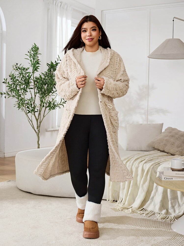 Solflare Plus Size Comfortable Button Long Sleeve Pocket Hooded Jacket Winter - Camel - View 3