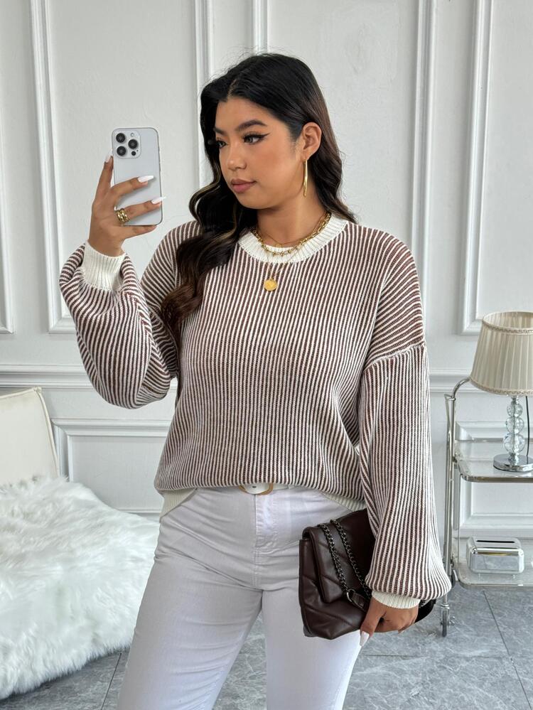 Vionelle Sweater Pullover Bergaris Bertekstur Blok Warna Ukuran Besar, Sweater Rajut Musim Dingin untuk Musim Gugur - MultiWarna - View 3