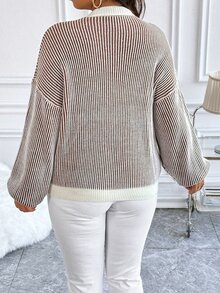Vionelle Sweater Pullover Bergaris Bertekstur Blok Warna Ukuran Besar, Sweater Rajut Musim Dingin untuk Musim Gugur - MultiWarna - View 2