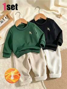 SHEIN 2件組男嬰男孩學院風刺繡馬圖案綠色運動衫＋羅紋長袖厚磅燈芯絨長褲休閒套裝，適合假期秋季 - 墨綠色 - 查看 7