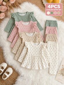 SHEIN 2pcs Newborn Baby Girl Top Pants Set Sweet White Green Polka Dot Ribbed Ruffle Flutter Long Sleeve Round Neck Regular Birthday Fall Holiday Cozy Chic - Multicolor - View 1