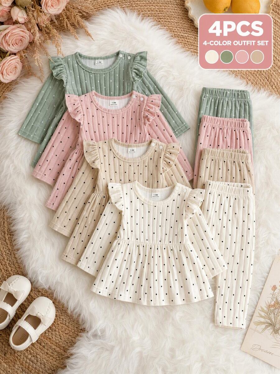 SHEIN 2pcs Newborn Baby Girl Top Pants Set Sweet White Green Polka Dot Ribbed Ruffle Flutter Long Sleeve Round Neck Regular Birthday Fall Holiday Cozy Chic - Multicolor - View 1