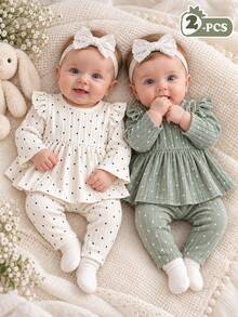 SHEIN 2pcs Newborn Baby Girl Top Pants Set Sweet White Green Polka Dot Ribbed Ruffle Flutter Long Sleeve Round Neck Regular Birthday Fall Holiday Cozy Chic - Multicolor - View 3