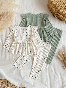 SHEIN 2pcs Newborn Baby Girl Top Pants Set Sweet White Green Polka Dot Ribbed Ruffle Flutter Long Sleeve Round Neck Regular Birthday Fall Holiday Cozy Chic - Multicolor - View 2