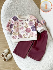SHEIN 2件組 幼兒女嬰可愛白色酒紅花卉長袖圓領正裝版型舒適秋季公主女嬰女童休閒冬日度假套裝 - 彩色 - 查看 5