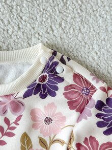 SHEIN 2件組 幼兒女嬰可愛白色酒紅花卉長袖圓領正裝版型舒適秋季公主女嬰女童休閒冬日度假套裝 - 彩色 - 查看 3