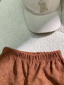 SHEIN 2pcs Baby Boy Sweatshirt Pants Preppy Beige Brown Striped Embroidery Corduroy Ribbed Long Sleeve Round Neck Regular Party Fall Sweaters Jumpers - Brown - View 6