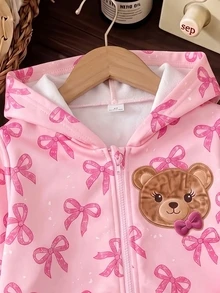 SHEIN 女童休閒蝴蝶結熊圖案連帽拉鍊運動外套，甜美休閒上衣 - 粉色 - 查看 3